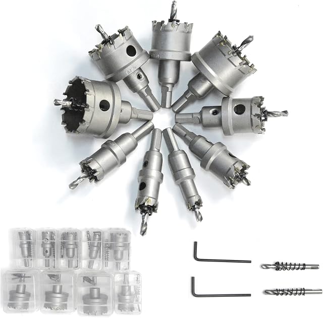 ybaymy Carbide Hole Saw 9 Pcs TCT Hole Saw Set 16-53mm T.C.T Hole Saws Tungsten Carbide Tipped Hole Cutter Heavy Duty Hole Saw Cutting Bits for Stainless Steel Iron Aluminium