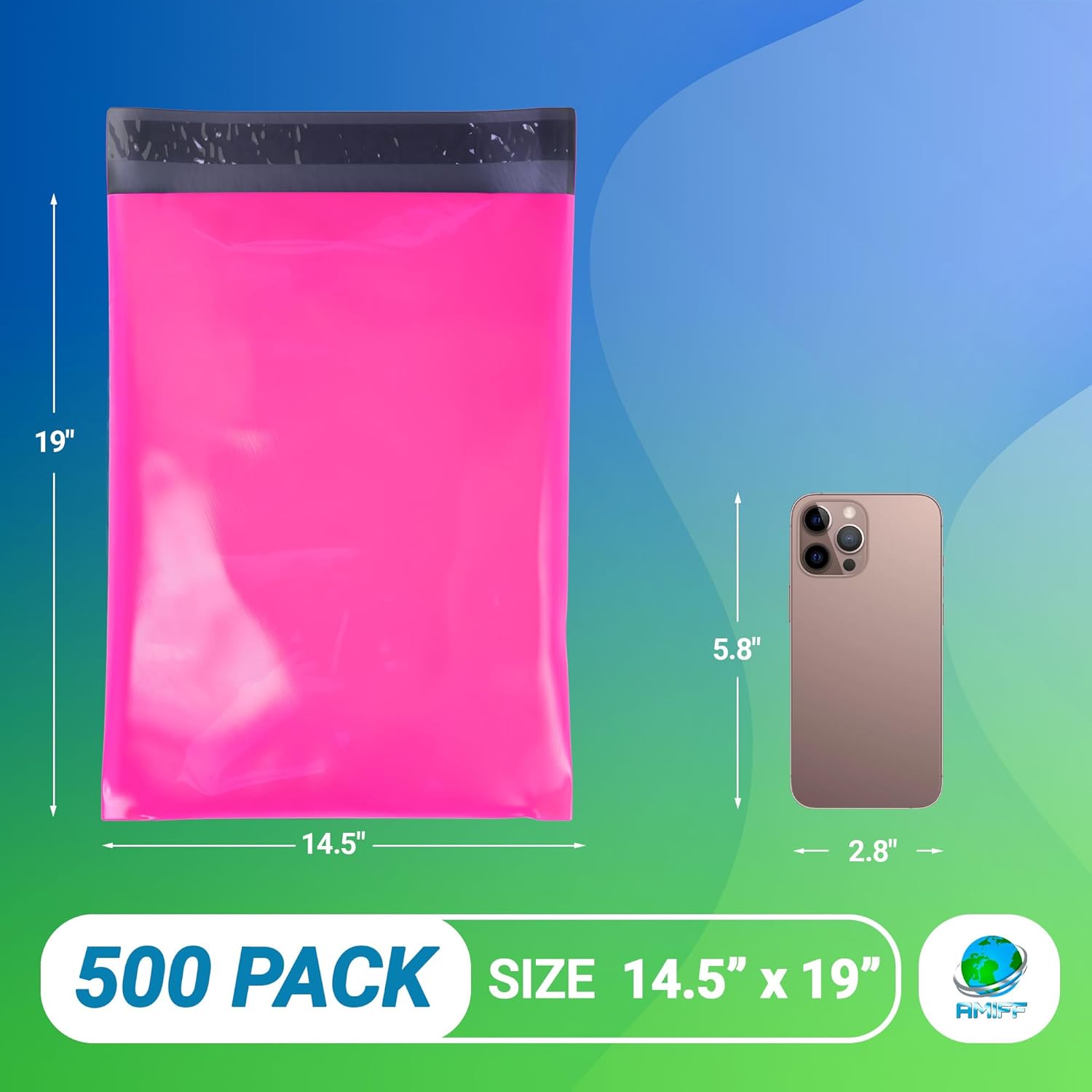 Poly Mailers, Shipping Bags, 14.5 x 19 in, Hot Pink, Pack of 500, Self Seal, 2 Mil Polyethylene, Waterproof