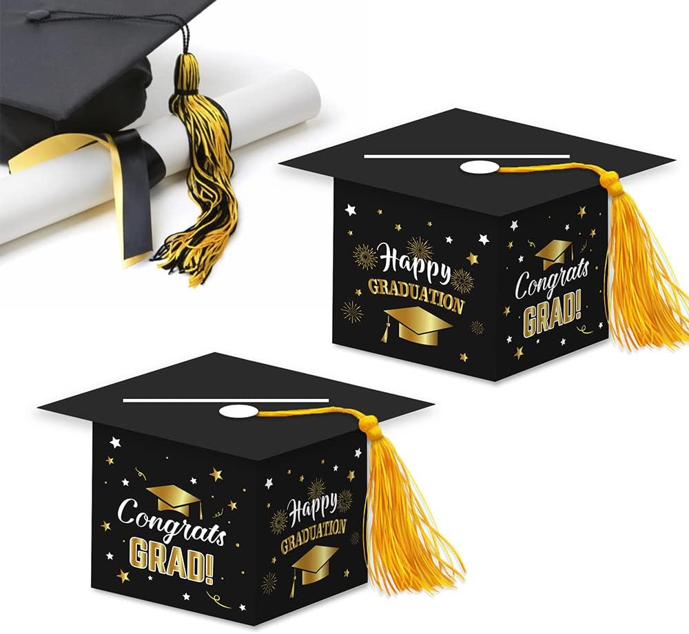 2026 Graduation Party Card Box, Black Gold Congrats Cap Card Holder Box with Tassel for 2026 Graduation Party Decoration