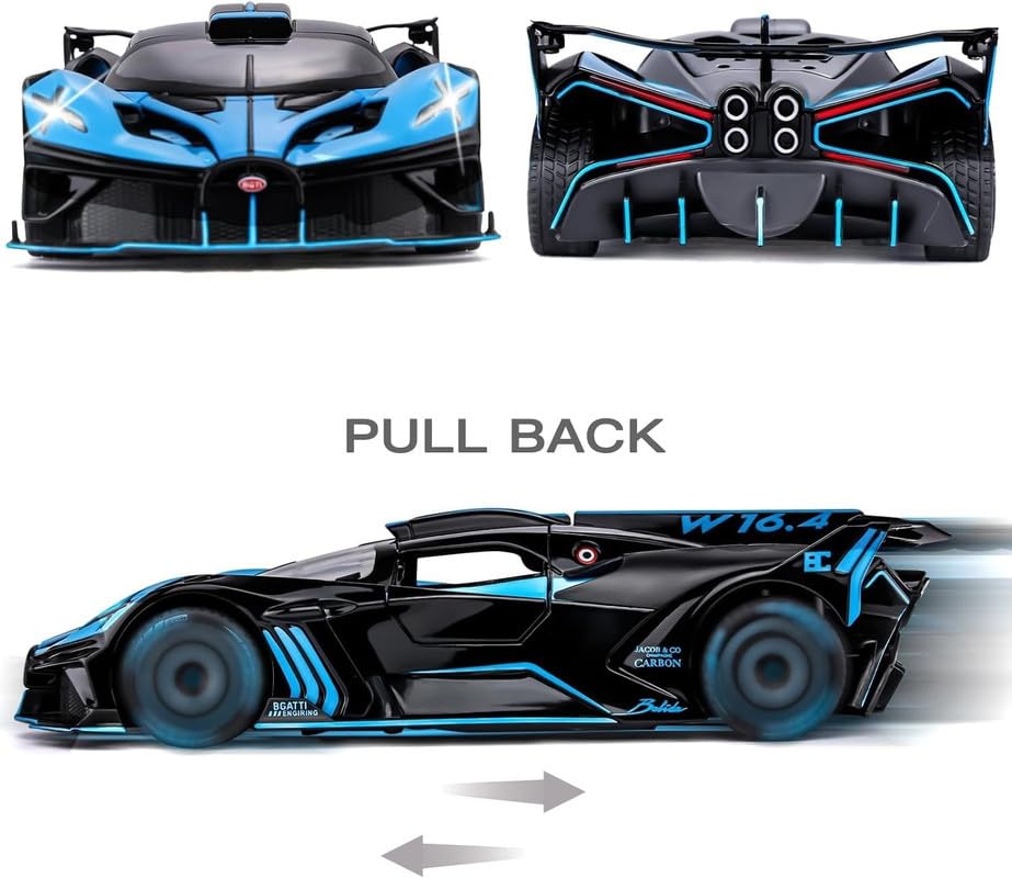 Image of Kids Model 1:24 Big Bugadi Bolide Die Cast Metal Car Pull Back Action Opening Doors with Realistic Engine Sound Lights Toy Car Gift for Boys - Blue