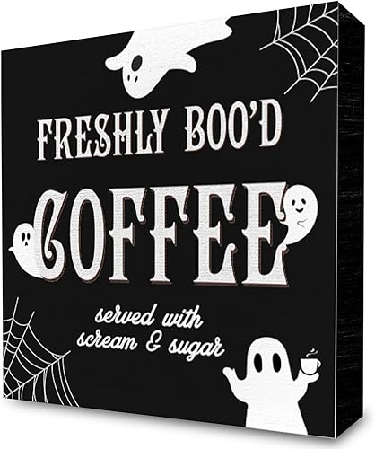 Freshly Boo'd Coffee - Letrero de madera gótico divertido para mujer, decoración de barra de café gótica, 6 x 6 x 0.6 pulgadas