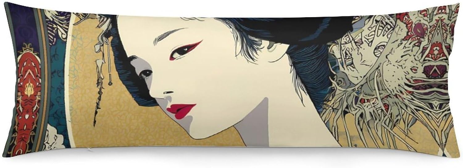 Japanese Geisha Body Pillow Cover Long Cushion 18.9x53.1 Inch | pillowcase,bed decor,farmhouse,sofa