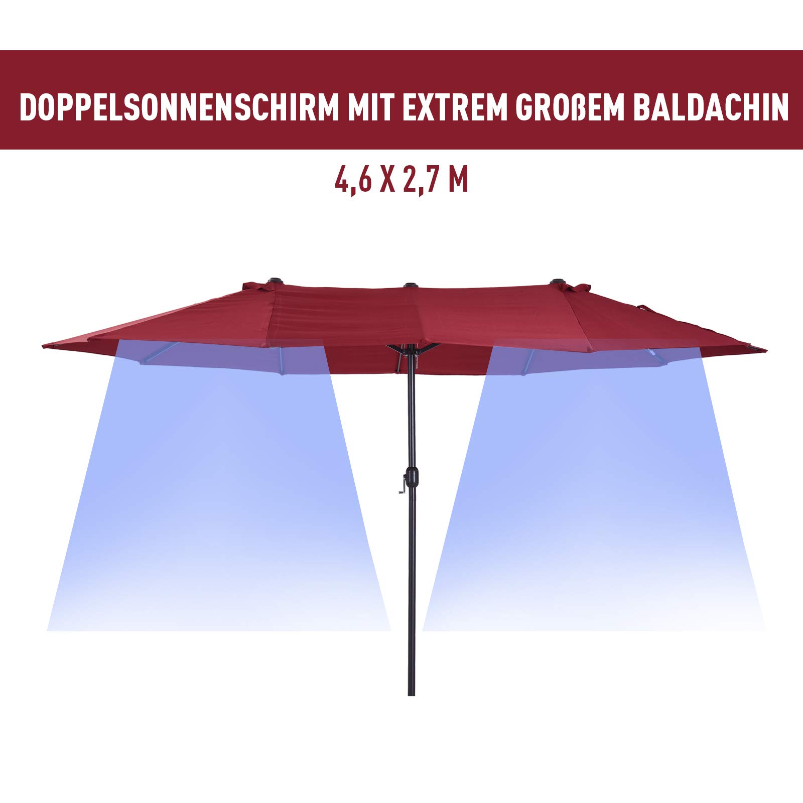 Outsunny Doppelsonnenschirm 455 x 265 cm, UV Schutz Sonnenschirm mit Handkurbel, Balkonschirm windfest Kurbelschirm Sonnenschutz für Balkon Garten