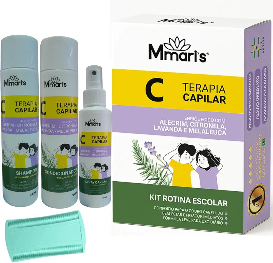 Kit Piolho Combate Piolhos E Lêndeas Creme De Pentear Sem Enxague Condicionador Spray Capilar M Mari's Auxilia Remoção Solta Lêndea Rotina Escolar