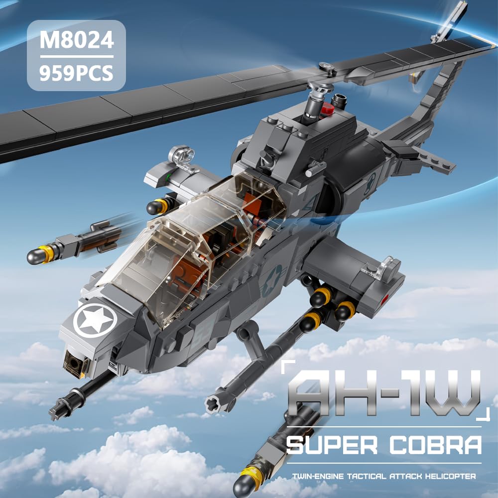 MISINI M8024 AH-1W Super Cobra Bewaffneter Hubschrauber Bausteine Set, 958 Stück Militär Medium 1:35 Hubschrauber Bausatz, Geschenke und Sammlungen für Flugzeugmodelle für Militärische Enthusiasten