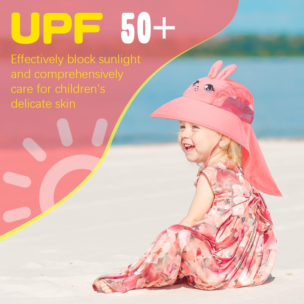 SNOWIE Soft® Wide Brim Sun Hat for Kids Girls with Neck Flap Shawl, UPF 50+ Adjustable Chin Strap Sun Protection Hat for Girls 2-10 Years Old, Summer Breathable Sun Visor Hat Windproof Beach Hat. 2