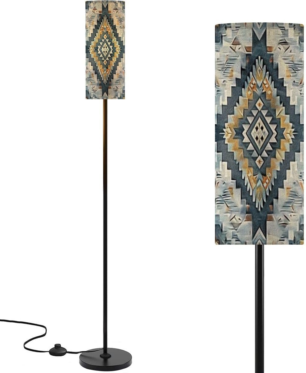 Modern Standing Lamps Navajo Tribal Seamless Pattern Native American Ornament Ethnic South Minimalist Floor Lamp Metal Pole Lamp with Linen Lampshade for Bedroom Living Room Office Reading