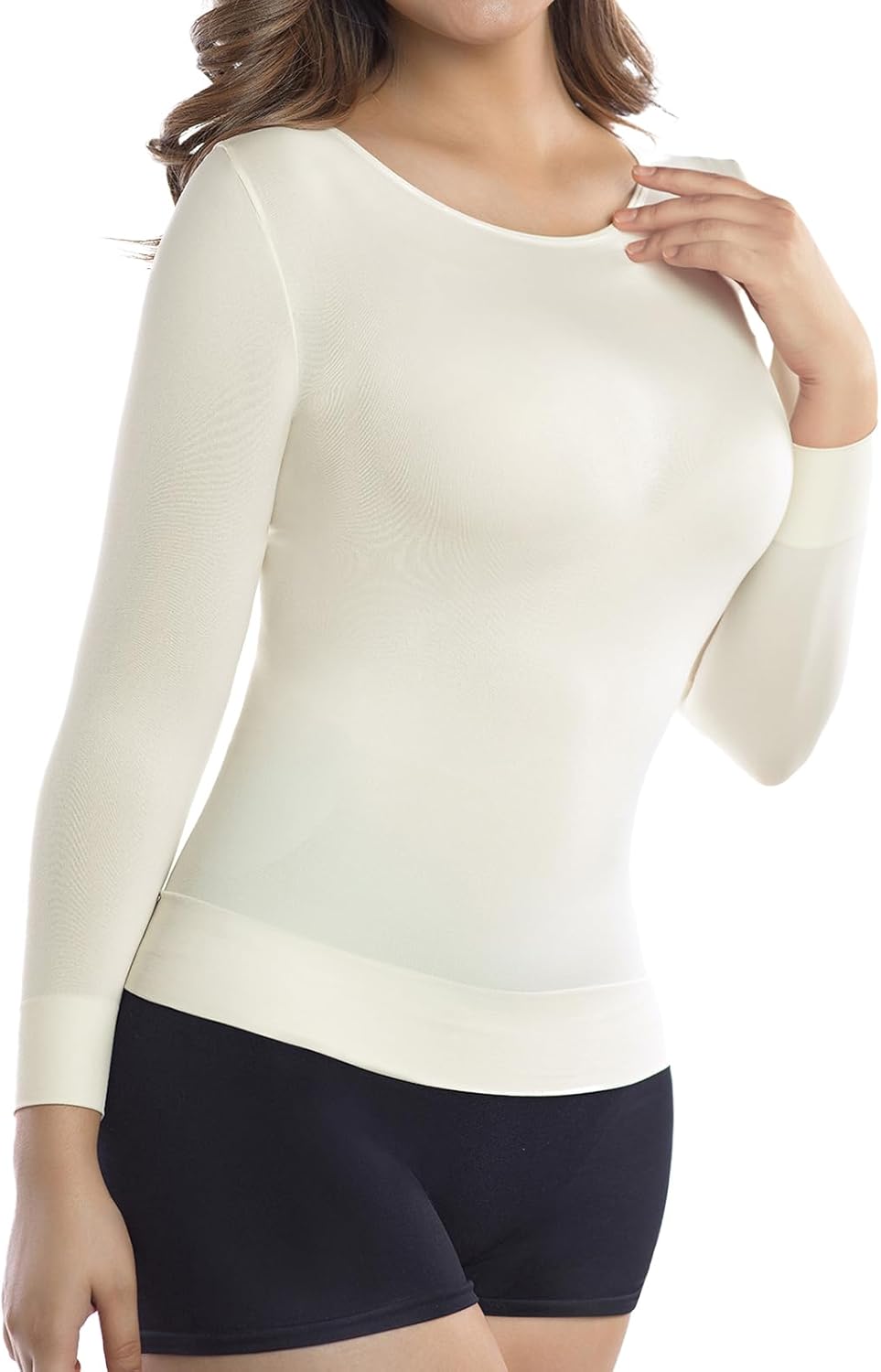 +MD Women Light Compression Undershirts 3/4 Length Sleeve Crew Neck Basic Shapewear Thermal Tops for Tummy Waist Control