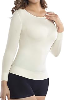 Womens Compression Slimming Shirt 3/4 Long Sleeve Undershirts Round-Neck Basic Shapewear Thermal Tops