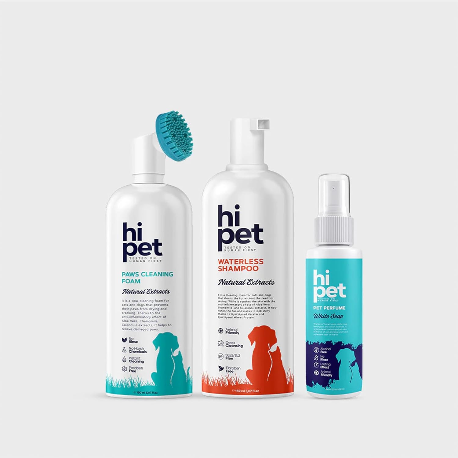Hi Pet Clean Paws Set, Paw Cleaner for Dogs and Cats, Waterless Shampoo, White Soap Pet Perfume, Cleans and Softens Coat