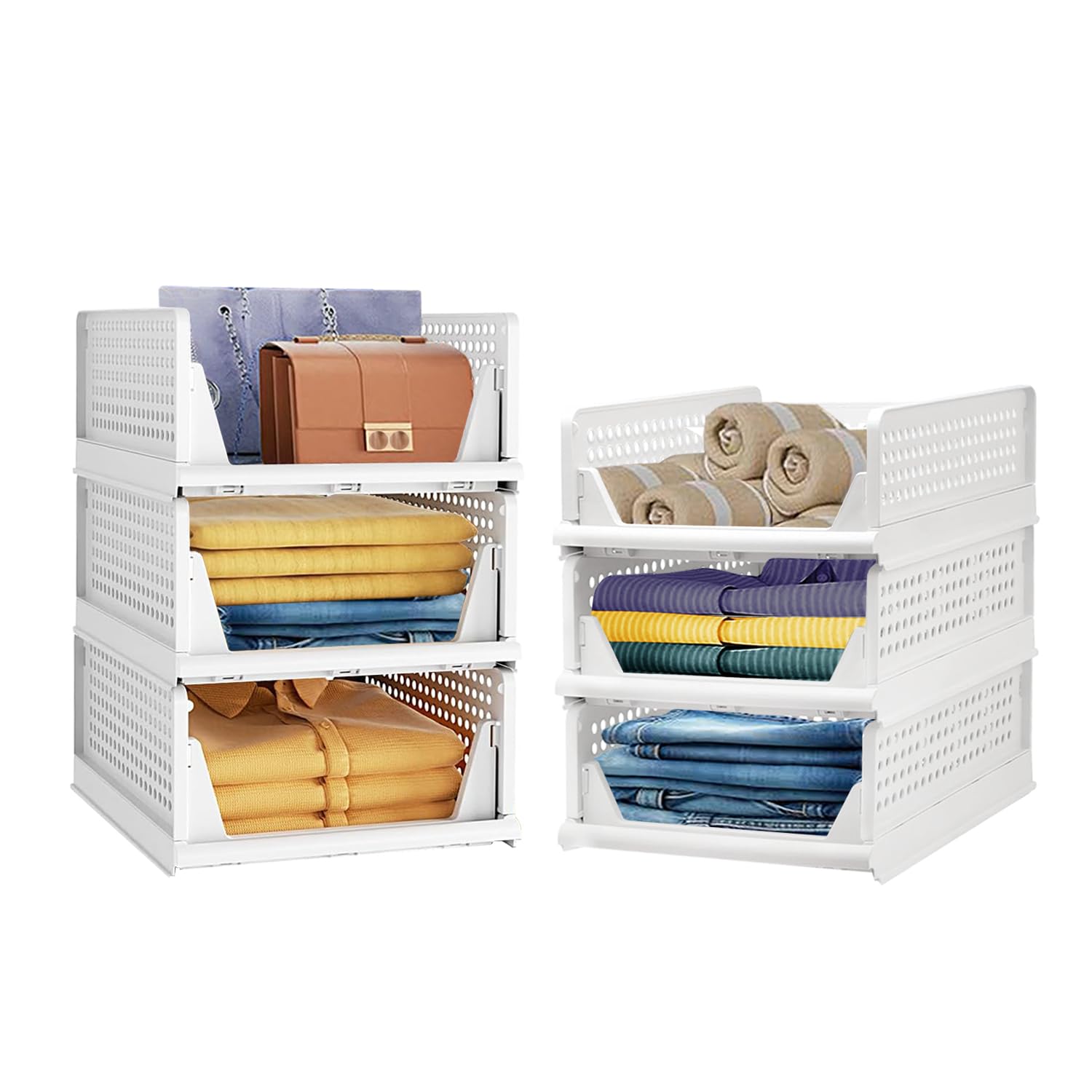 Aditya Polymers Pack of 6 (3 Large + 3 Small) Clothes Organizer For Wardrobe Cupboard | Foldable Stackable| Multi-Purpose Adjustable Sliding Tray Basket| Almirah Closet Space Organizer | Shirt Stacker