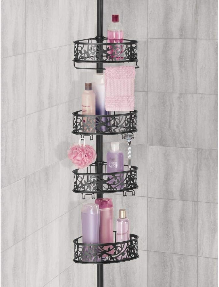 mDesign Bathroom Shower Storage Constant Tension Corner Pole Caddy - Adjustable Height, 4 Positionable Baskets - for Organizing and Containing Hand Soap, Body Wash, Wash Cloths, Razors - Matte Black