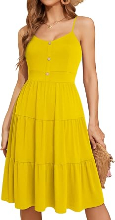 YATHON Sundresses for Women Casual Summer Beach Sleeveless Spaghetti Strap Dress Button Down Ruffle Flowy Pleated Dresses