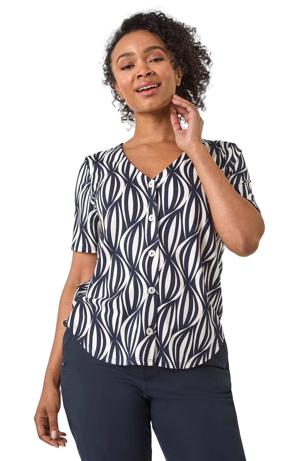 Roman Originals Women's Petite Navy Roman Petite Geo Print V-Neck Stretch Blouse For Uk - Everyday Autumn Winter V-Neckline Comfy Soft Evening Vacation Work Party Night Out - Size 18