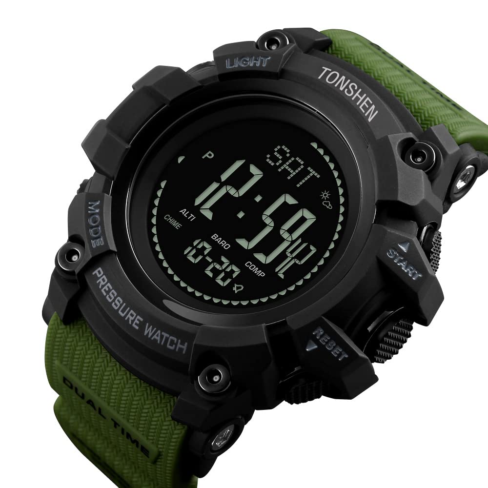 TONSHEN Uomo Outdoor Militare Sportivo Bussola Orologi da Polso Plastica LED Elettronico Multifunzione Altimetro Termometro Pedometro Calorie Doppio Tempo Allarme Digitale Orologio