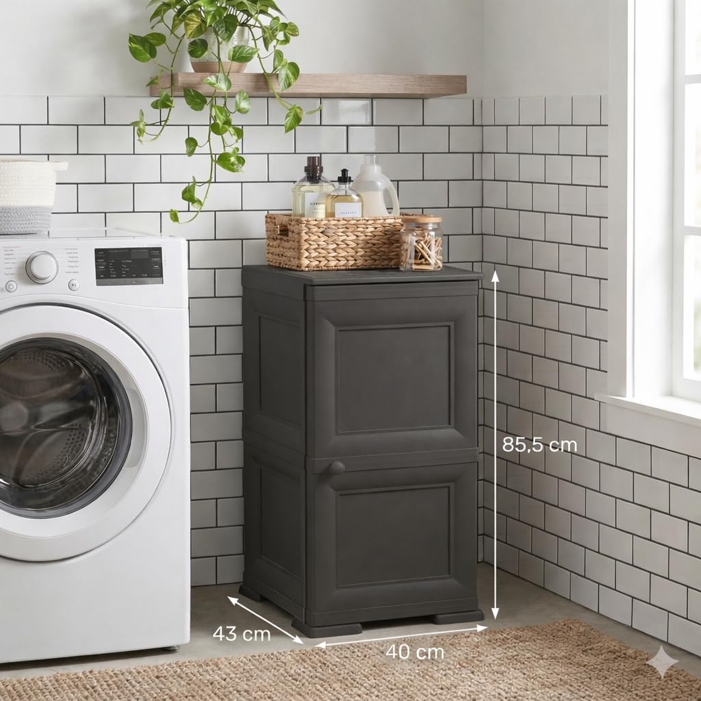 Mobile Bagno Salvaspazio 2 Ante in Plastica Wengé 40x43x85,5 cm – Armadietto Contenitore con Ripiano Interno per Asciugamani, Carta Igienica e Organizzazione Bagno (Taupe Scuro)