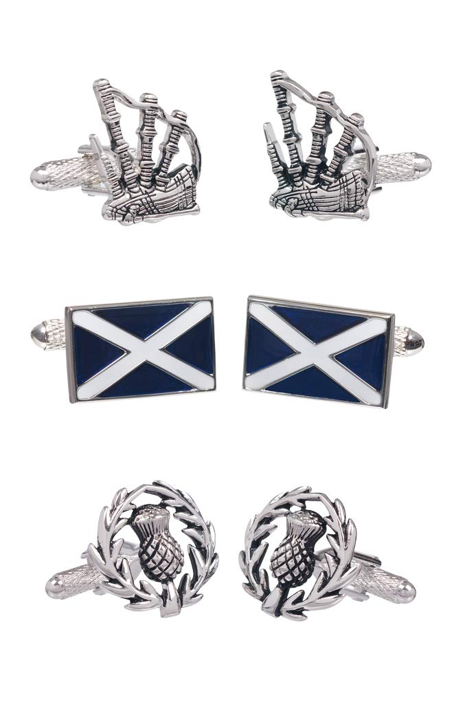 Onyx - ArtSet of 3 Pairs of Mens Shirt Cufflinks Scottish Themed including Scottish Thistle Highland Bagpipes and The St Andrews Cross Saltire Flag of Scotland Presented In Cufflink Gift Box