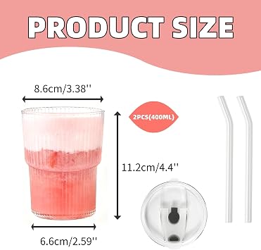 400ML Iced Coffee Cups With Lids and Straws 2 Pcs, Unbreakable Glasses Drinking Set, Tumbler Cups Reusable Iced Coffee Glass Tumbler with Lid and Straw, Cup for Iced Tea, Juice, Water, Dishwasher Safe