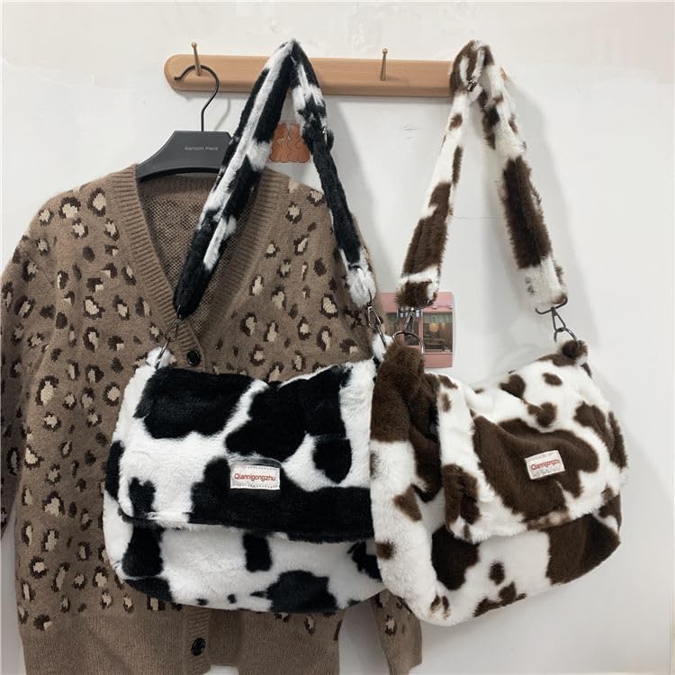 Cute Cow Pattern Fuzzy Messenger Bag for Women Fluffy Tote Bag Plush Crossbody Bag (Brown)4