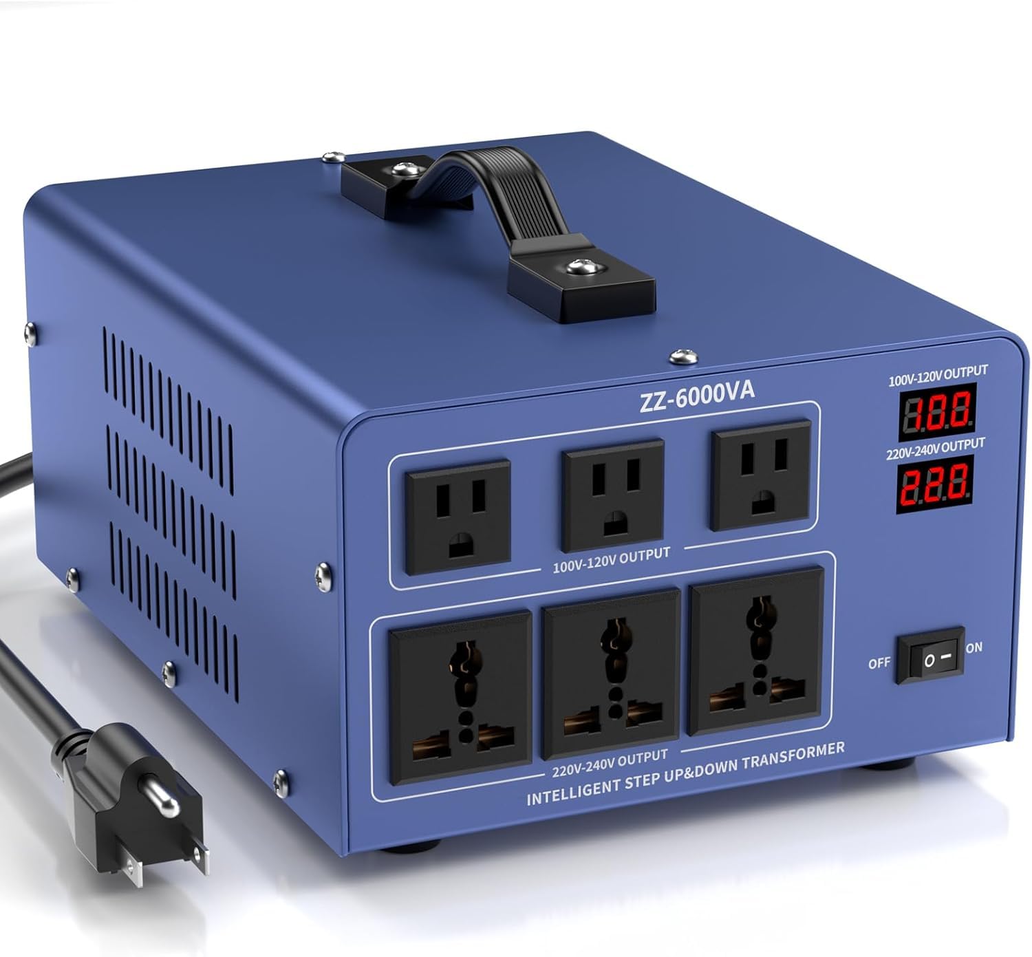 Automatyczny transformator konwertera napięcia 6000 W, 110/120/220/240 V, wytrzymały konwerter mocy Step Up/Down z 3 gniazdami amerykańskimi, 3 uniwersalnymi gniazdami, resetowalna ochrona wyłącznika