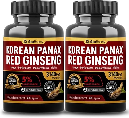 GEO BOUNTY Cápsula roja coreana de Panax Ginseng paquete de 2, suplementos de Panax Ginseng, paquete de 2 3140 mg (ginsenósido 5%)