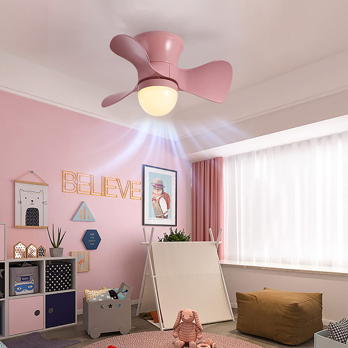 Infantil Ventilador Techo Con Luz Y Mando Distancia Reversible Dormitorio LED Regulable Lamparas Ventilador De Techo Con Temporizador Moderno Silencioso Ventilador Techo Con Luz,Rosado