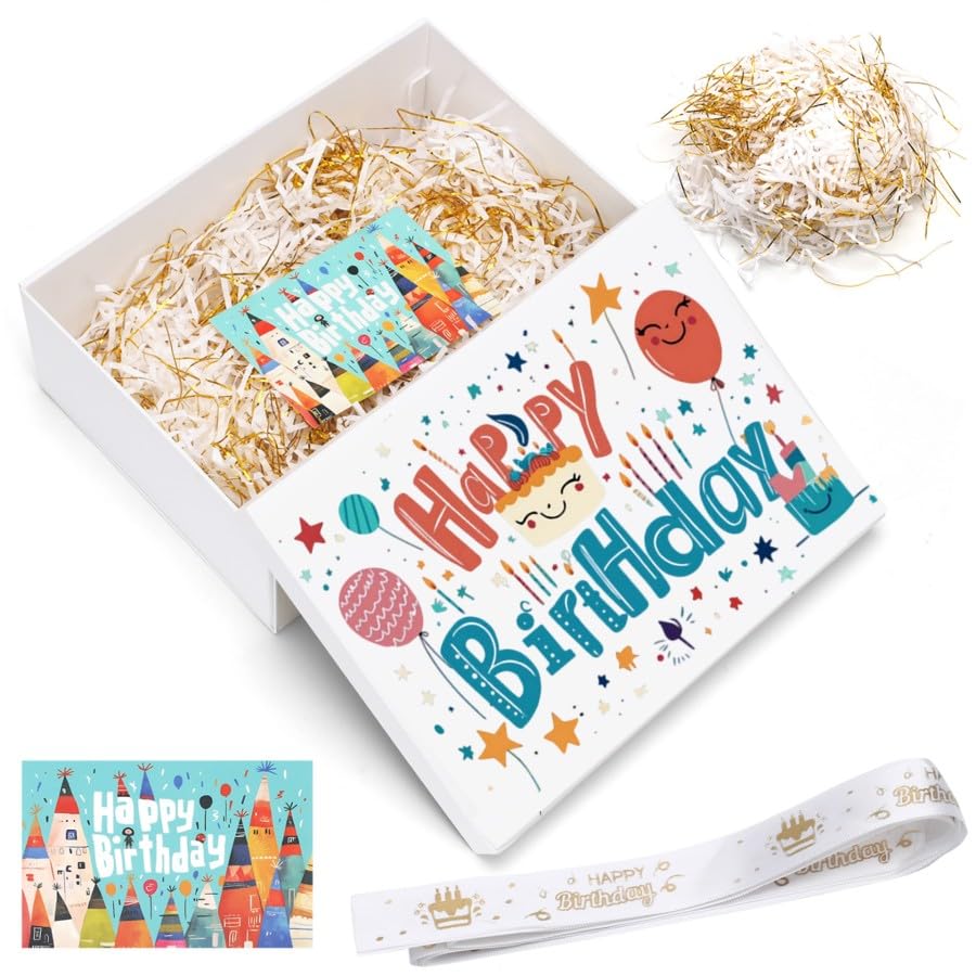 XWCHASA Geschenkbox Geburtstag 25 x 18 x 8,5 cm, Geschenkkarton mit Deckel Schleifen, Grußkarten, Raffia, Geschenkverpackung für Birthday
