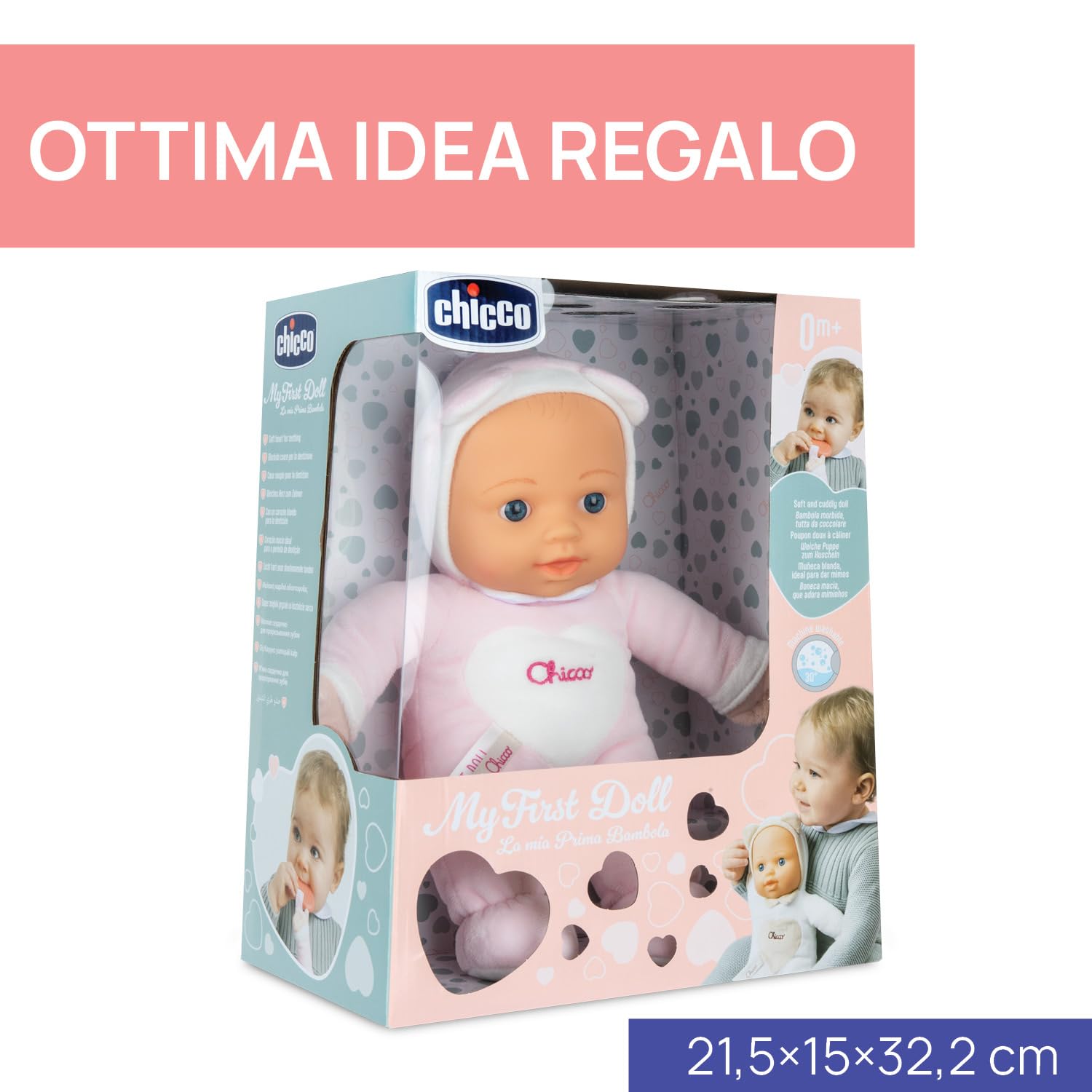Chicco Gioco La Mia Prima Bambola, Bambola Bambina con morbido cuore Massaggiagengive per la Dentizione, Soffice e Leggera, Lavabile in Lavatrice, Giochi Bambini 0 Mesi +, Idea Regalo Neonato, Neutro