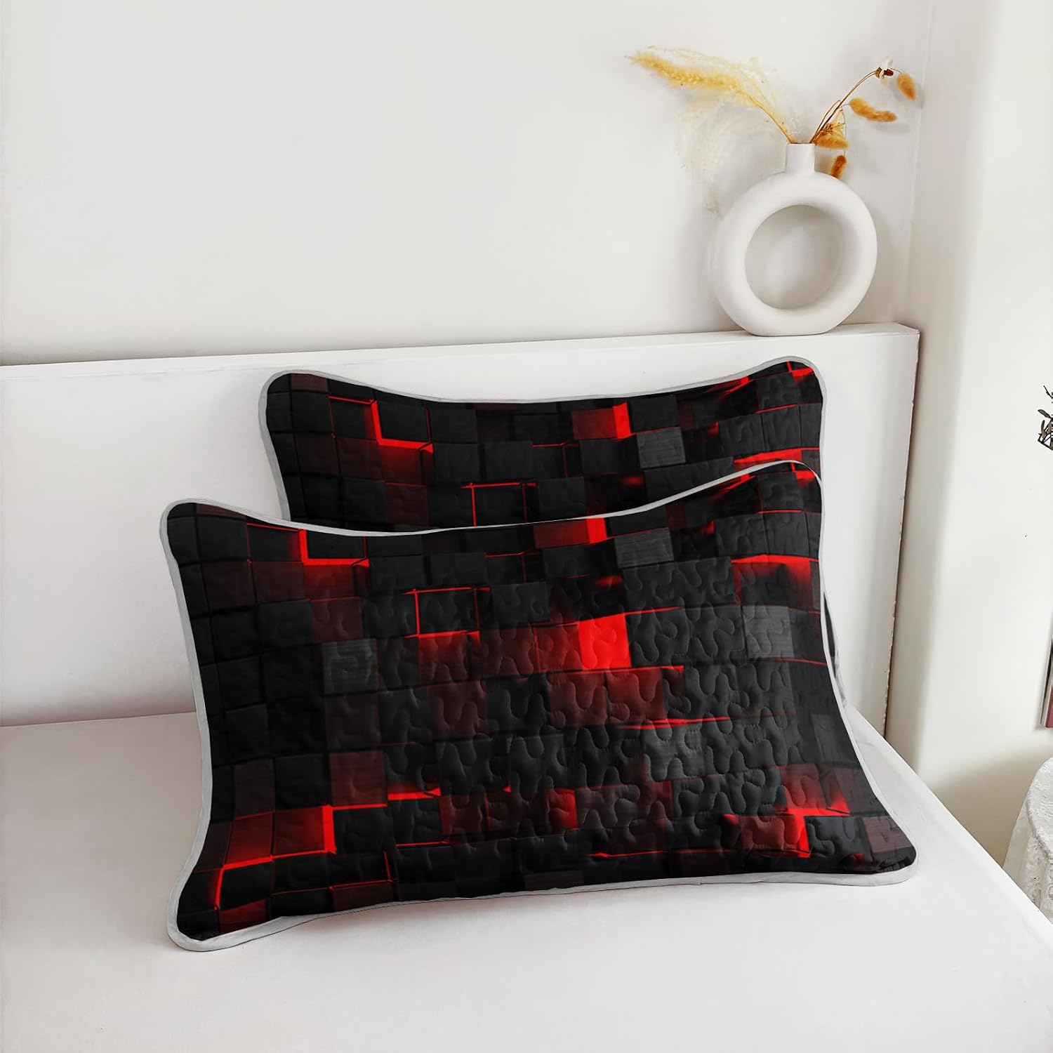 Nttopship 3 Piece Red Black Geometry Quilt Sets Twin Size,Neon Honeycomb Microfiber Bedding Set,Vibrant Bright Soft Lightweight Comforter Bedspread Coverlet (68''x86'') with 2 Pillow Case (20"x 30")