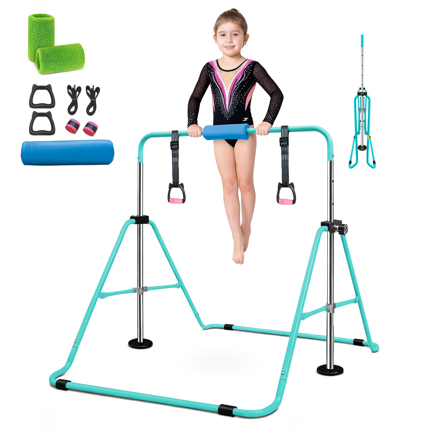 Folding Gymnastics Bar With Rings, Folding Horizontal Bar, Adjustable Height Folding Horizontal Bar, Gymnastics Equipment for Home Garden, Expandable Gymnastics Training Bar for Kids Girls (Green)