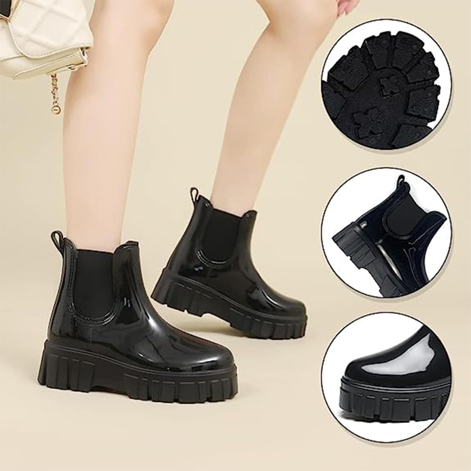 Crepuscute Botas de lluvia impermeables con plataforma alta para mujer, cómodas, ligeras, impermeables, botas de jardín de goma, botas de lluvia Chelsea al tobillo, lindas plantillas suaves, botas de