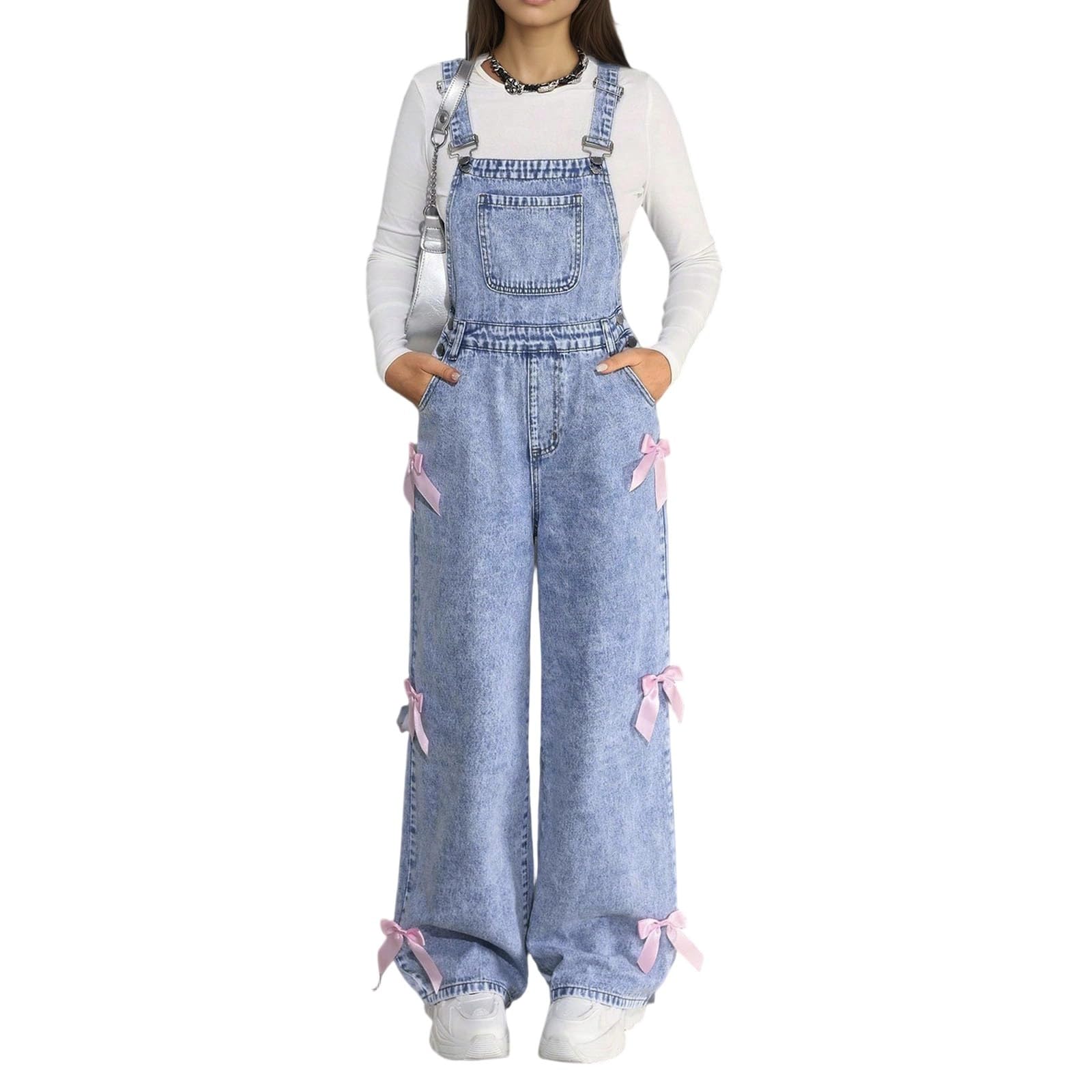 Generisch Tuta jeans da bambina con fiocchi di neve e gamba larga e fiocco, moda casual per ragazze adolescenti