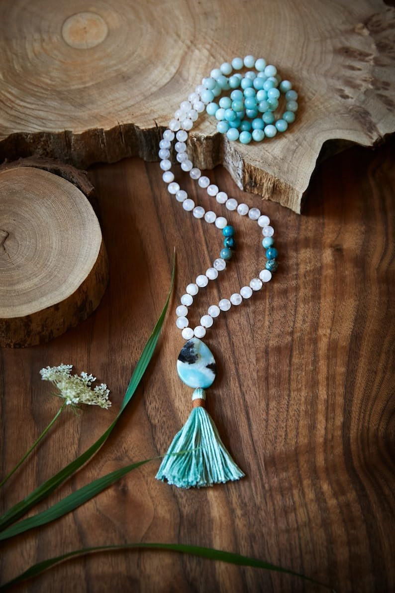 Naturalny kamień księżycowy, amazonit, 8 mm, 108 koralików mala, duchowe, koraliki do medytacji, Reiki, Japa Mala, buddyjskie koraliki modlitewne, bransoletka do jogi, koraliki lecznicze