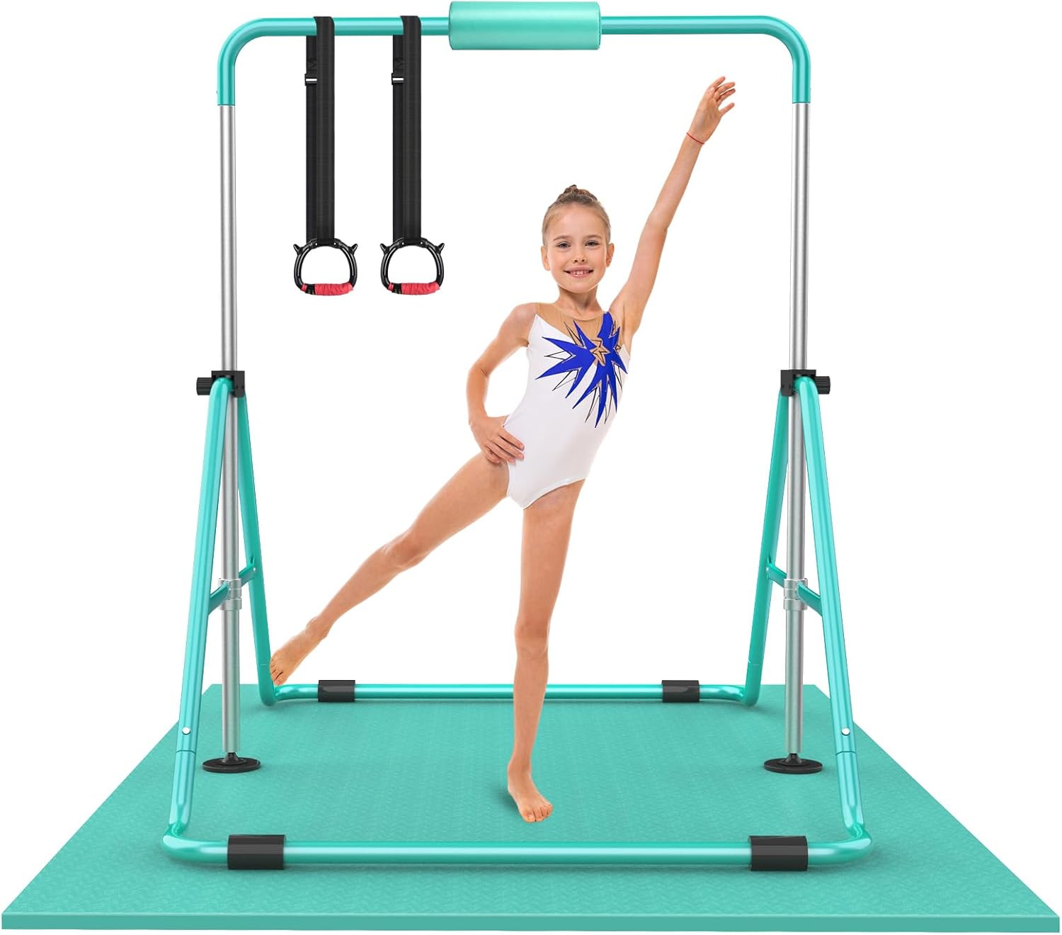 Gymnastic Bars for Kids with Adjustable Height, Folding Gymnastic Training Kip Bar, Junior Expandable Horizontal Monkey Bar for Home Green with Mat