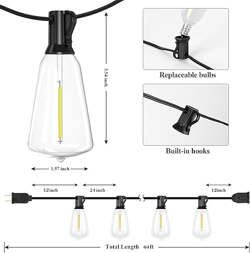 Miniatura 6 de Hotomely Guirnalda de luces LED para exteriores de 60 pies con 31 bombillas Edison vintage ST38 inastillables de 2700 K, luces colgantes exteriores