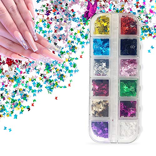 12 Colors Butterfly Nail Glitter Sequins, Sportsvoutdoors 3D Nail Art Flakes, Splarkly Laser Butterfly Nail Art Sequin Acrylic Paillettes for DIY Makeup Nail Decor (Butterfly Nail Glitter Sequins)