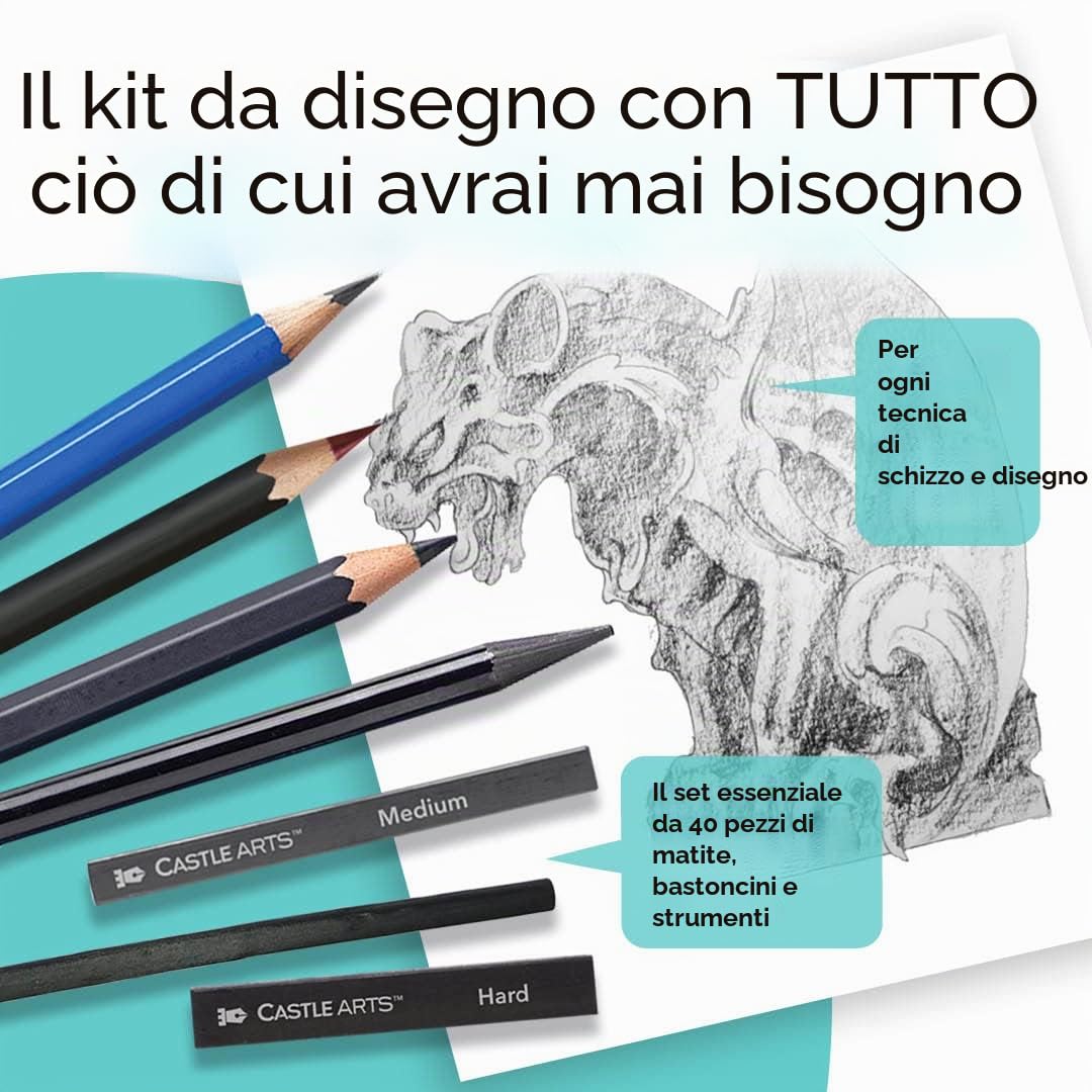 Castle Art Supplies Set 40 Pezzi per Disegno e Bozzetto Dotato di Guida | Per Artisti | Matite, Carboncini, Grafiti e Molto Altro | Con Custodia Cernierata di Trasporto