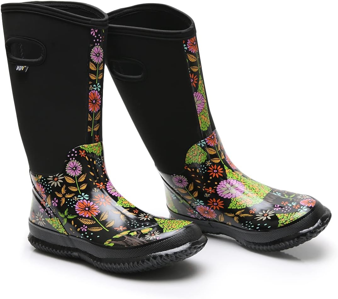 WTW Mid Calf Rain Boots for Women - Waterproof Insulated Neoprene Mud Boots Outdoor Hunting Garden Boots 11 Little Flowers