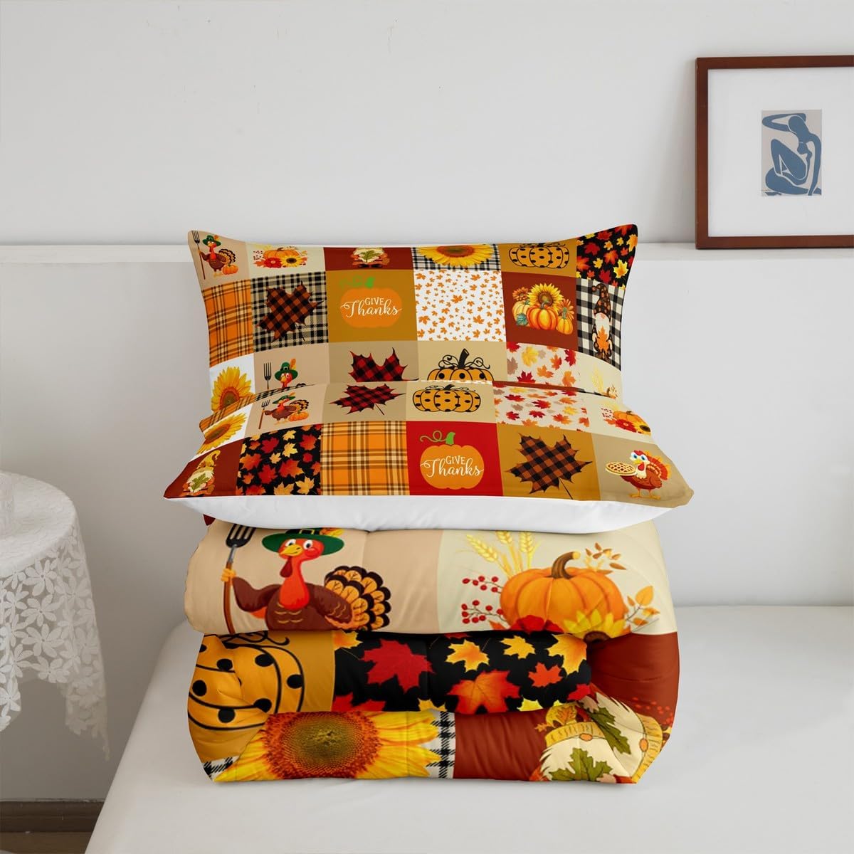 Homewish Fall Pumpkin Grid Comforter Set Rustic Farmhouse Maple Leaf Sunflower Bedding Set Thanksgiving Turkey Quilt Set Kids Boys Girls Adult Room Decor Vintage Brown Yellow Duvet Insert Queen Size