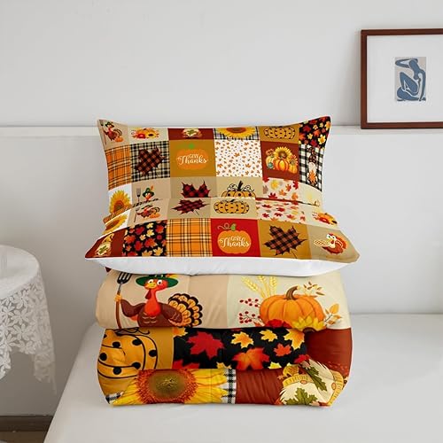 Miniatura 7 de Juego de edredón de cuadrícula de calabaza otoñal, rústico, de granja, hoja de arce, girasol, juego de edredón de Acción de Gracias, Turquía, para