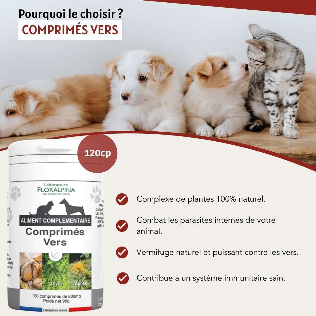 Complexe vers- Vermifuge Naturel pour Animaux (Chien et Chat) 100% Naturel (120 comprmés)