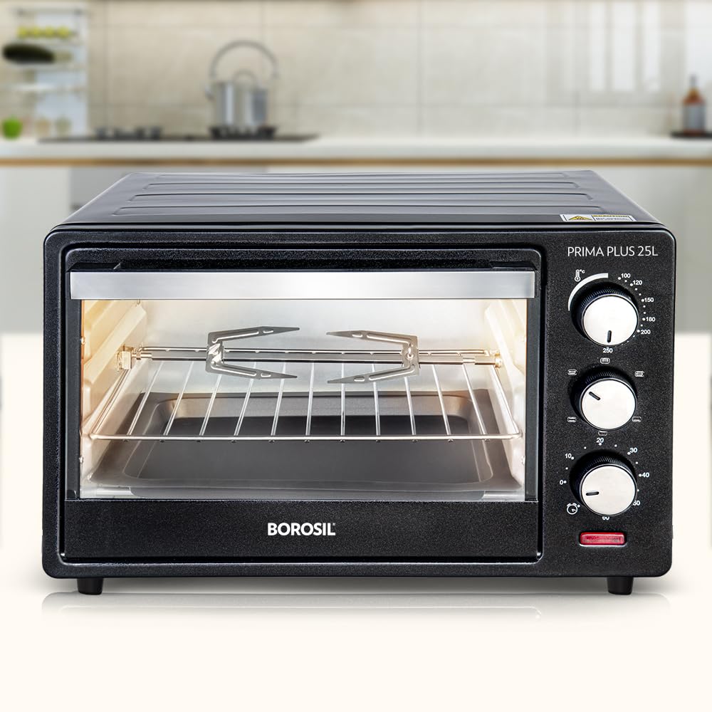 borosil 1600w 25l prima plus otg | made in india bis approved | grill, bake, toast & rotisserie | motorized rotisserie | 6 stage heating | adjustable temperature | 2 year warranty