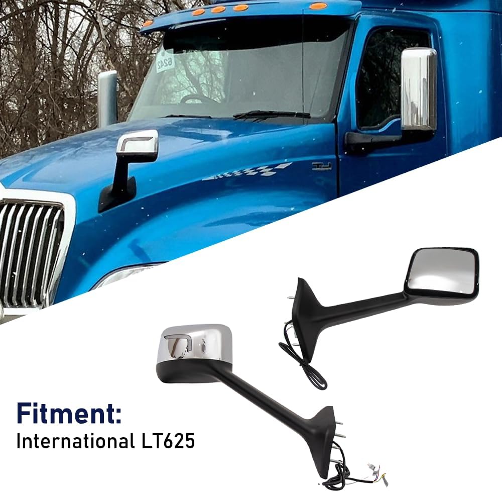 Chrome Hood Mirror Assembly with LED light Flow fit for Truck International LT625 Driver and Passenger side One Pair