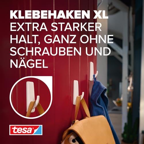tesa Powerstrips Self-Adhesive Hook XL - Rectangular Wall Hook with Extra Strong Hold - Drill-Free Mounting - Reusable Wall Hook for Bathroom or Kitchen - White - 1 x Hook, 3 x Powerstrips XL
