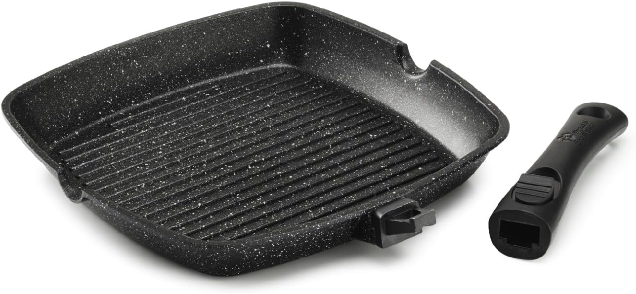 Pradel Excellence, PCUI001022, Grillpfanne aus Aluminiumguss 28x28cm, Deckel aus Glas, Antihaftbeschichtung in Steinoptik, Abnehmbarer Griff, Alle Herdarten