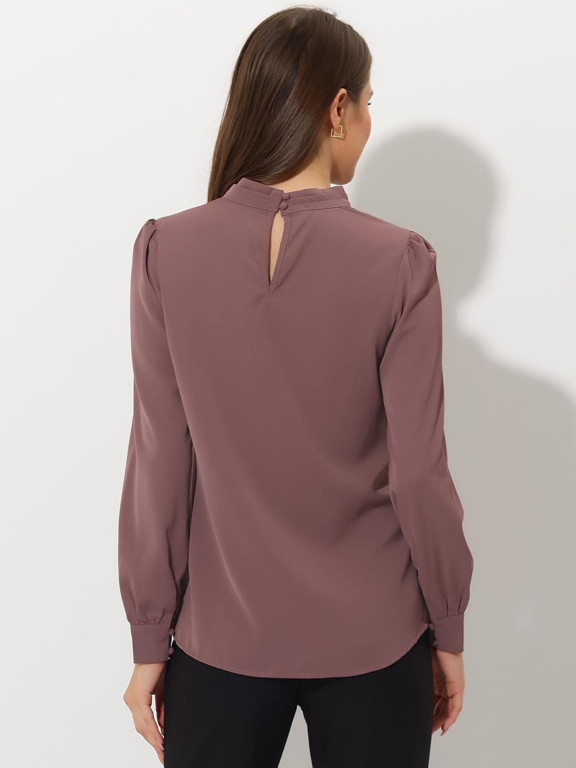 Allegra K Women's Work Tops Dressy Casual Shirts Mock Neck Keyhole Business Casual Long Sleeve Blouse - Image 4