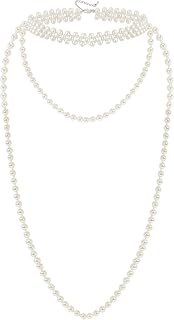 Long Pearl Choker Necklace - Faux Pearl Chain Necklace Pearl Jewelry Set for Women 20s Flapper Accessories