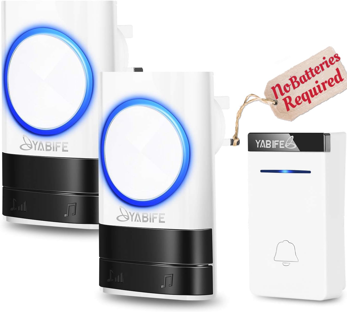 YABIFE Self-Powered Wireless Doorbell, Cordless Plug in Door Bells, IP44 Waterproof Door Chime Bell, 58 Ringtones, 0-110dB Loud 4 Levels Volume, 500-1003ft Range, No Battery Required White
