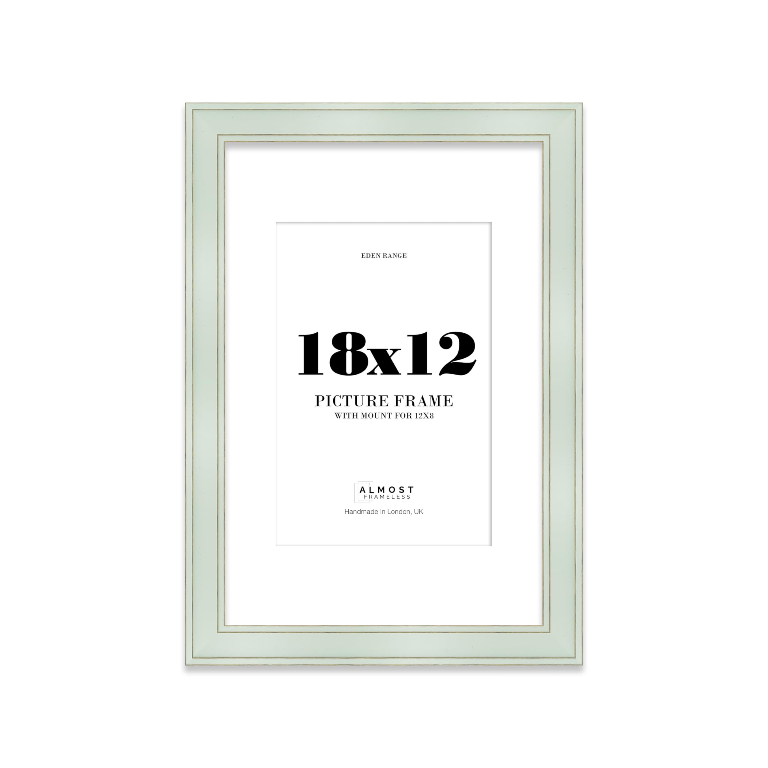 18x12" Sage Green Picture Frame with 12x8" Mount - Shabby Chic Photo Frame with Distressed Finish, Gold Trim, Wall Hooks, 37mm Edge - 1 Pack