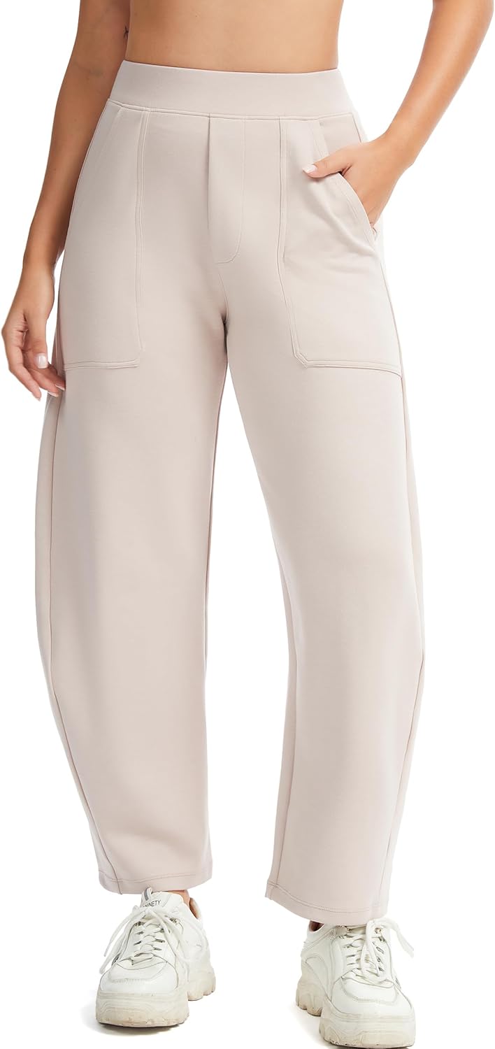 Womens Baggy Wide Leg Pants Barrel Leg Sweatpants Casual Elastic Waisted Stretch Travel Pants with Pockets